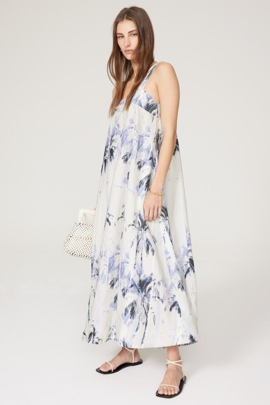 BOSS Blue Floral 100% Linen Open-Waist Square Neckline Summer Dress Size US 4